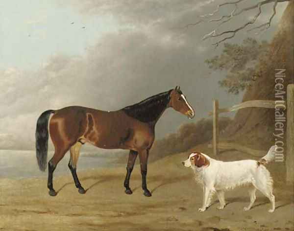 A Bay hunter with a dog by a fence Oil Painting - Edwin Cooper