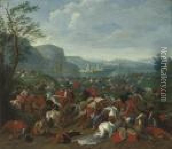 A Wooded Landscape With A Cavalry Battle And A Village Under Siege, A Fort Beyond Oil Painting - Karel Van Breydel (Le Chevalier)