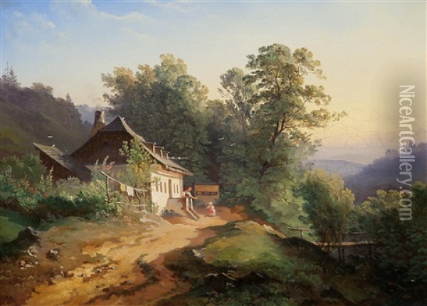 Rural Building With Footbridge Oil Painting - Jan Ranzmayer
