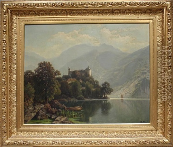 Schloss An Einem Gebirgssee In Osterreich Oil Painting - Theodor (Wilhelm T.) Nocken