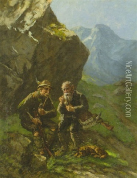 Zwei Jager Mit Hund Im Hochgebirge Bei Der Rauchpause Oil Painting - Albert Mueller-Lingke
