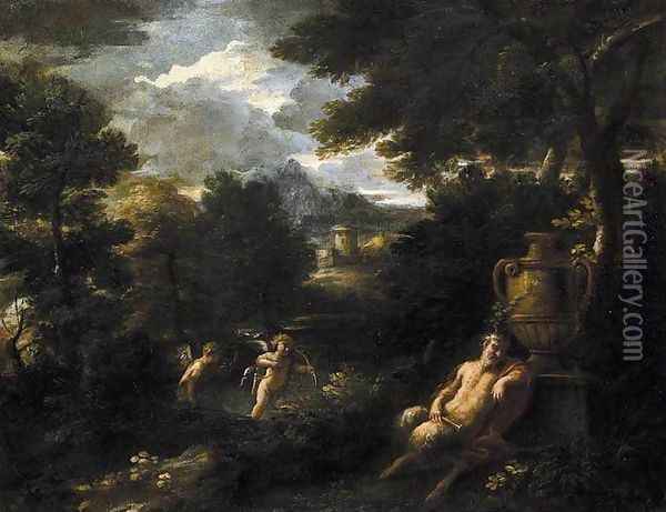 Faun and Cupid in a Landscape Oil Painting - Filippo Lauri