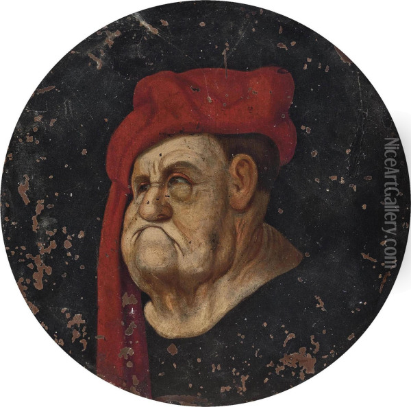 A Grotesque Head Of A Man In A Red Turban Oil Painting - Pieter III Brueghel