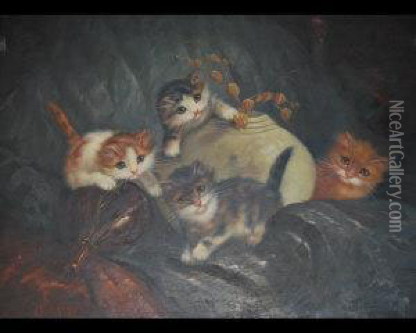 Four Mischievous Kittens Oil Painting - Jules Leroy