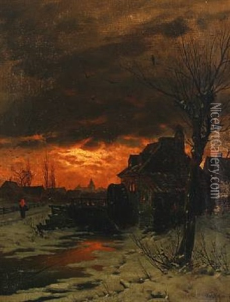 Winterscape With Watermill In The Sunset Oil Painting - Georg Schmitz