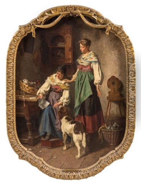 Two Figures And Dog With Seated Woman Reading Oil Painting - Theodore Gerard