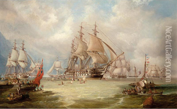 H.m.s. Edgar With The Channel Squadron, The Liverpool, The Warrior, And The Black Prince Nearby Oil Painting - W.T. Baldwin