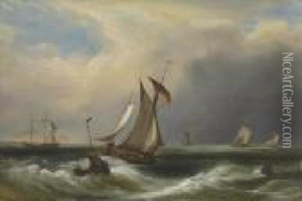 Fishing Boats Off A Coast With Other Shipping Oil Painting - Frederick Calvert