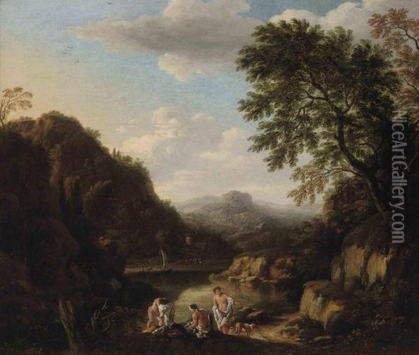 A Wooded River Landscape With Bathers Oil Painting - Andrea Locatelli
