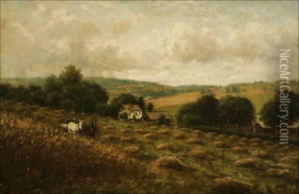 Landscape With Houses And Horses In A Hayfield Oil Painting - Hiram Reynolds Bloomer