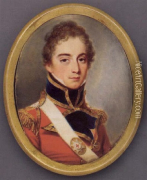Lieutenant-colonel W. George Collier In Scarlet Coat Of The Coldstream Guards, With Blue Collar And Facings, Gold Epaulettes, White Cross Sash, White Shirt And Black Stock Oil Painting - James Leakey