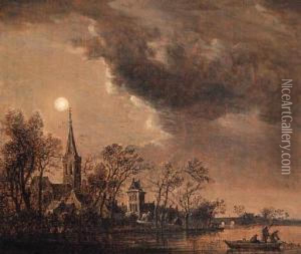 A River Landscape With A Fishing Boat Near A Village Bymoonlight Oil Painting - Anthony Jansz. Van Der Croos