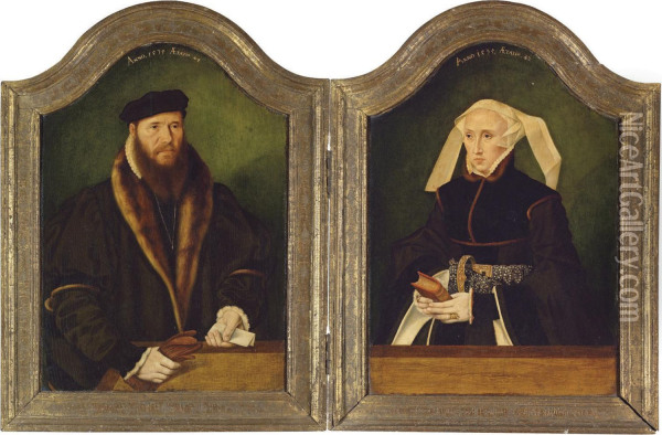 A Diptych: Portrait Of A Gentleman, Half-length, In A Fur-linedcoat, With Leather Gloves And A Letter In His Hand; And Portrait Ofa Lady, Half-length, In A Black Dress And Pearl Encrusted Belt,holding A Book Oil Painting - Bartholomaeus Ii Bruyn