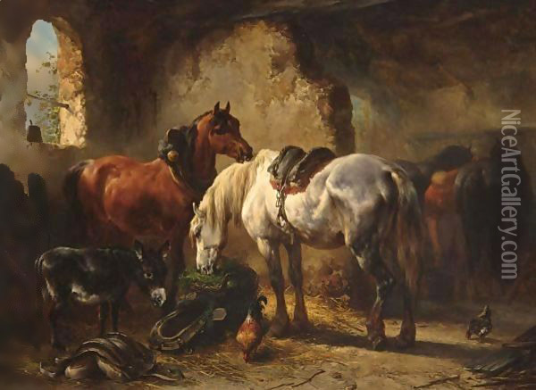 Horses And A Donkey In A Stable Oil Painting - Wouterus Verschuur