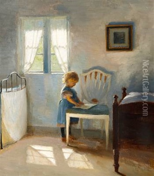 Sunny Interior With The Artist's Daughter Ellen At A White Chair Oil Painting - Peter Vilhelm Ilsted