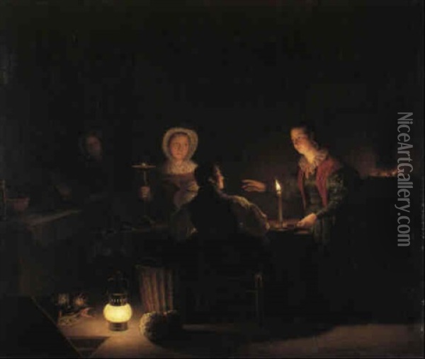Figures In A Kitchen By Candlelight Oil Painting - Petrus van Schendel