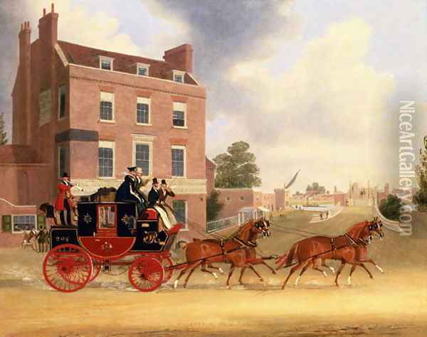 Quicksilver Royal Mail passing the Star and Garter at Kew Bridge, 1835 2 Oil Painting - James Pollard