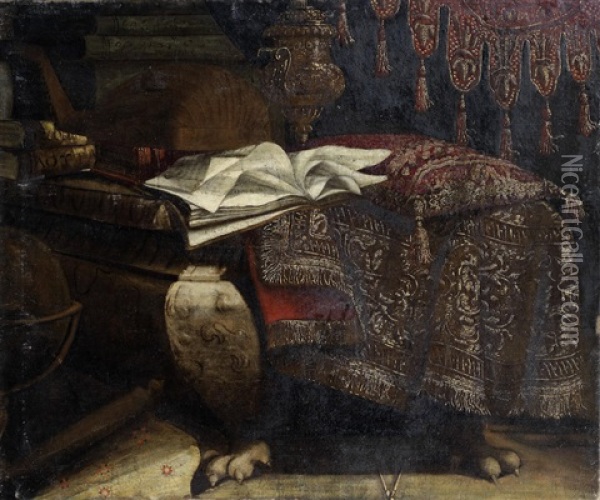 A Lute, Books And A Silver Gilt Cup And Cover On A Draped Stone Chest Before A Curtain Oil Painting - Antonio Tibaldi
