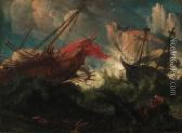 A Galley And A Man-'o-war In Stormy Seas Off A Rockycoastline Oil Painting - Johann Eismann