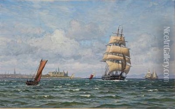 Coastal Scene With Ships Off The Coast Of Elsinor Castle Oil Painting - Vilhelm Karl Ferdinand Arnesen
