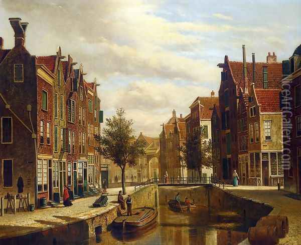 A Morning Walk by a Dutch Canal Oil Painting - Willem Koekkoek