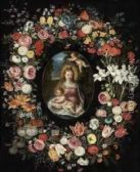 The Virgin And Child In A Feigned Cartouche, Surrounded By Agarland Of Flowers Oil Painting - Jan Brueghel the Younger