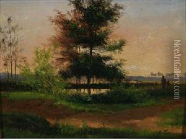 Landschap Met Wandelaars Bij Ondergaande Zon Oil Painting - Jef Louis Van Leemputten