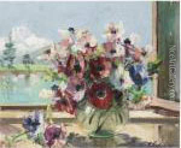 Still Life Of Anemonies (italian Alps) Oil Painting - Georges Lapchine