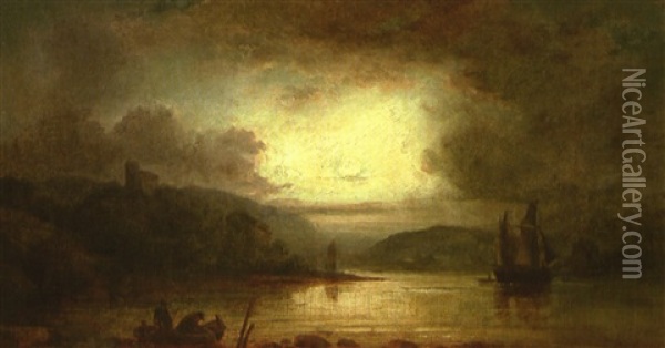 Flusslandschaft Mit Segelbooten Bei Mondschein Oil Painting - Eduard Schleich the Elder