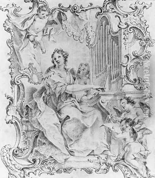 Saint Cecilia playing the Organ, surrounded by ornamental framework and cherubs Oil Painting - German School