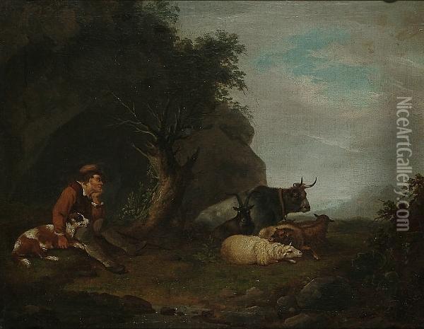 A Watchful Shepherd And His Stock Oil Painting - George Morland