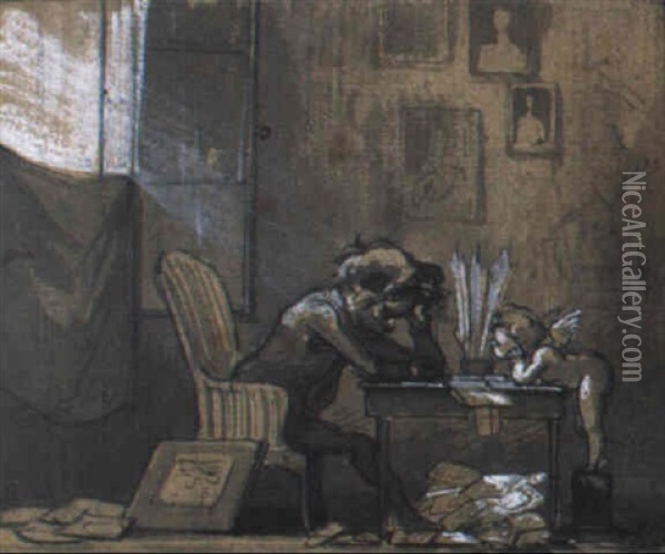 L'inspiration Du Poete Oil Painting - Honore Daumier