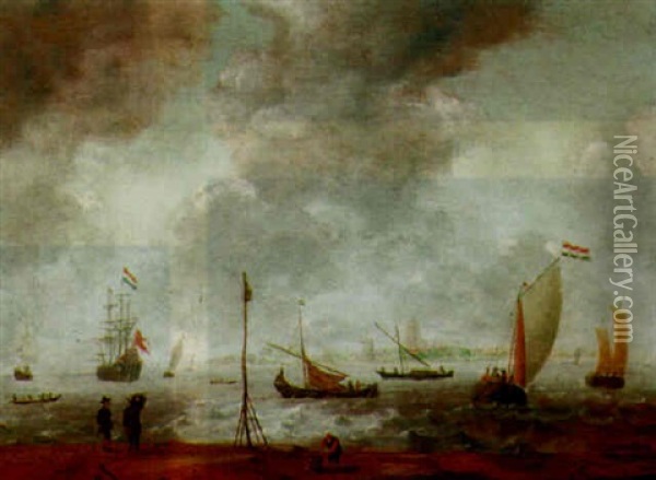 An Estuary Scene With Small Dutch Vessels In A Short Chop, A Man-o'-war At Anchor, And Figures On A Beach In The Foreground Oil Painting - Jan Peeters the Elder