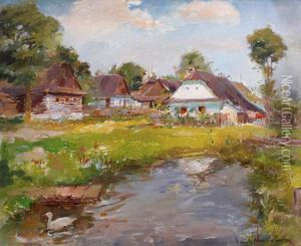 Cottages By A Pond Oil Painting - Emil Schovanek