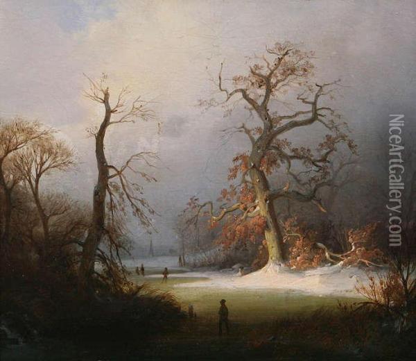 Winterlandschap Met Schaatsers Op Het Ijs Oil Painting - Willem Linnig