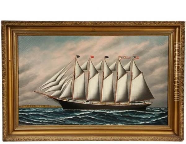 Ship's Portrait Of The Five Mast Wooden Hulled Schooner 'magnus Manson' Oil Painting - Solon Francis Montecello Badger