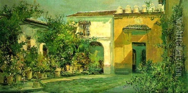Patio Andaluz Oil Painting - Jose Lupianez y Carrasco