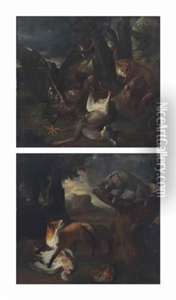 A Fox And A Wild Cat Fighting Over A Turkey; And An Eagle Attacking A Deer With A Fox Looking On Oil Painting - Peter Caulitz