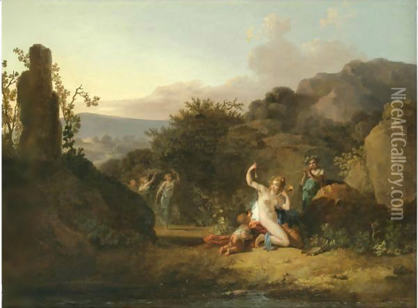 Nymphs Dancing And Playing Music In A Southern Landscape Oil Painting - Jacques-Antoine Vallin