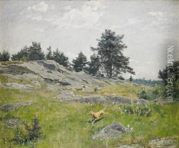 Sommarlandskap Med Jagare Och Hund Oil Painting - Johan Krouthen