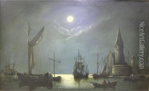 Moonlit Coastalscene, Oil On Panel Oil Painting - Henry Pether