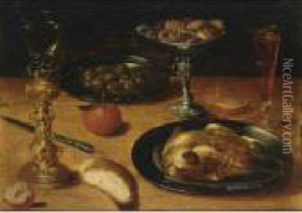 A Still Life With A Roast 
Chicken And Olives On Pewter Plates, A Roemer In A Silver-gilt Holder, 
An Orange, A Tazza With Cookies, A Wineglass, Together With A Knife And 
Bread, All On A Wooden Table Oil Painting - Osias, the Elder Beert