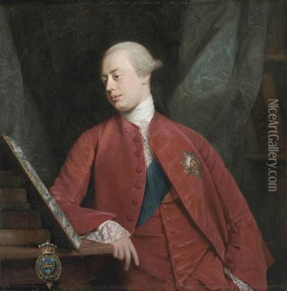 Portrait Of Frederick, Lord North K.g., Later 2nd Earl Of Guilford, In A Red Coat And Waistcoat, With The Sash And Star Of The Order Of The Garter, Before A Draped Curtain Oil Painting - Allan Ramsay