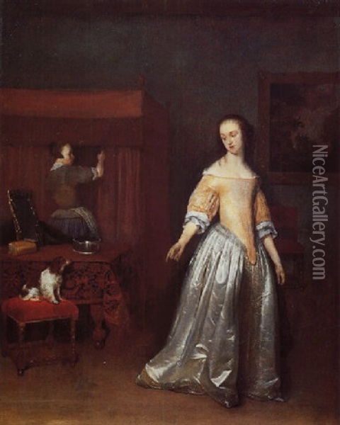 An Elegant Lady By A Table In An Interior, Pointing Towards Her Pet Dog Oil Painting - Gerard ter Borch the Younger