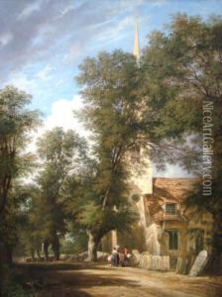 1863- Figures By A Church With Woodland Oil Painting - Samuel David Colkett