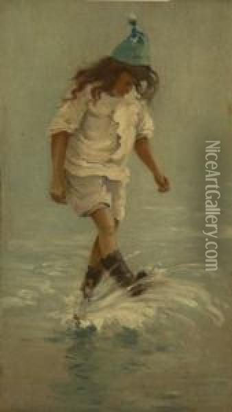 Young Girl Paddling Oil Painting - Harry Watson