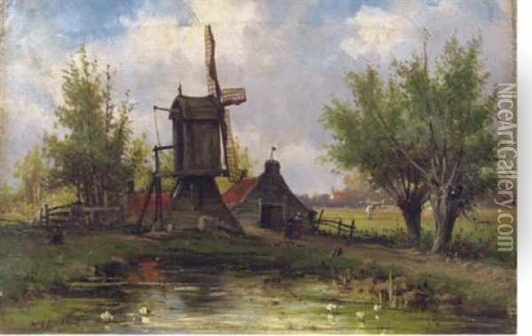 Windmill In A Dutch Landscape Oil Painting - Marinus Adrianus Koekkoek