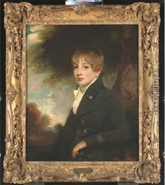 Portrait Of Sir Charles Henry Coote, 9th Bt., Of Ballyfin, Queen's Country, Ireland, And Formerly Of Ash Hill, Co. Limerick, In A Dark Green Coat And White Cravat, In A Landscape Oil Painting - Sir John Hoppner