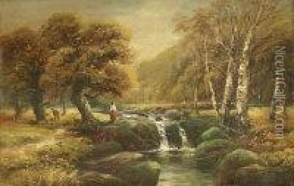 Figures By A Woodland Stream Oil Painting - Walter Meegan