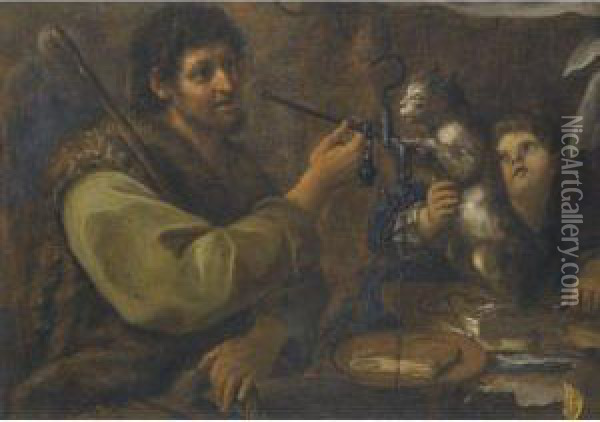 A Shepherd Weighing A Slice Of Ham, Beside A Cat And A Youngboy Oil Painting - Bernhard Keil